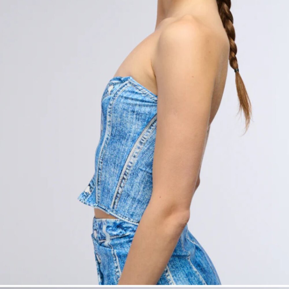 Callie Lives Digitize Me AKIRA Blue Day Dreaming Denim Printed Corset Top S - Picture 7 of 8